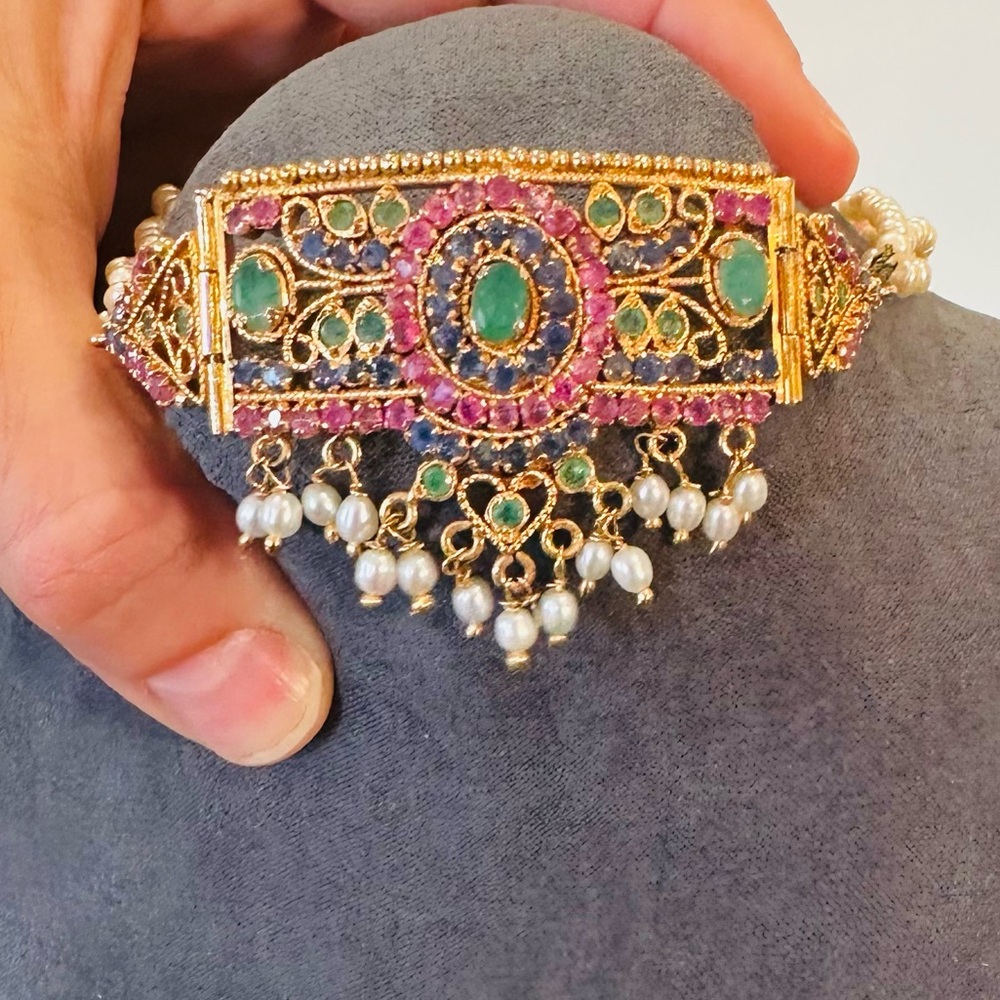 Vintage Estate Luxury Emerald Sapphire Ruby Pearl 24K gold plated Necklace - Picture 14 of 17